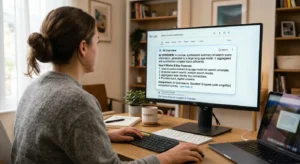 Woman viewing Google AI Overview search result on her desktop computer