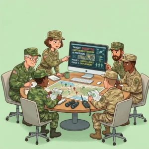 Military officers reviewing AI-generated strategy proposal on screen during planning meeting