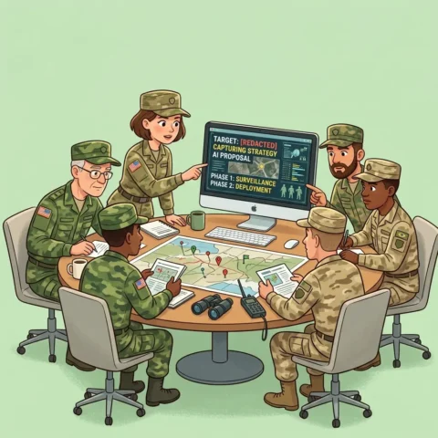 Military officers reviewing AI-generated strategy proposal on screen during planning meeting