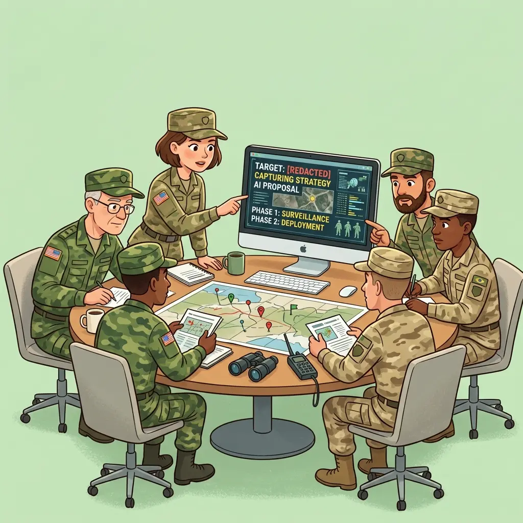 Military officers reviewing AI-generated strategy proposal on screen during planning meeting