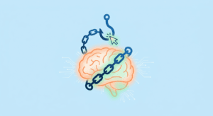 Illustration of human brain chained to a computer cursor symbolizing AI dependency