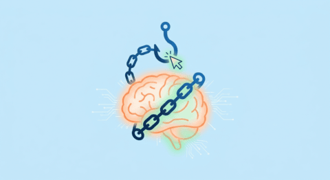 Illustration of human brain chained to a computer cursor symbolizing AI dependency