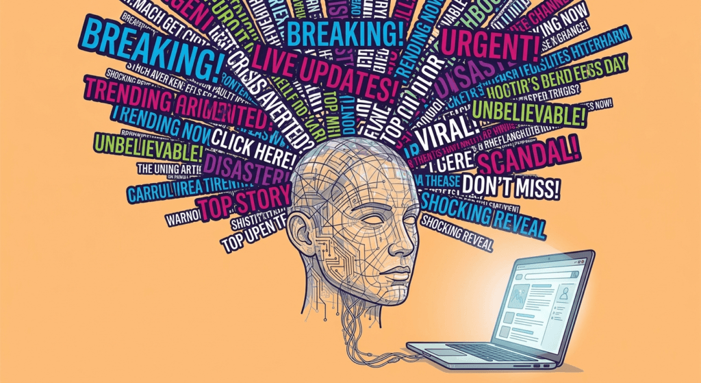 Illustration of digital head overwhelmed by clickbait headlines from laptop screen