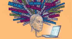 Illustration of digital head overwhelmed by clickbait headlines from laptop screen