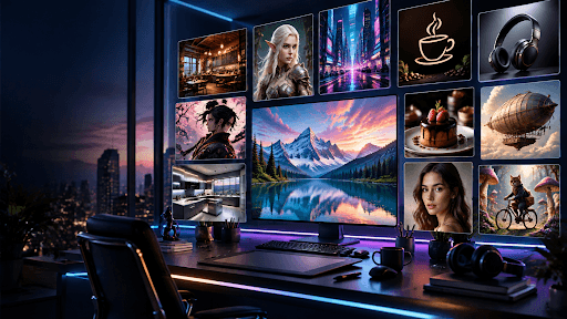 Futuristic AI image generation studio with a central digital canvas displaying multiple AI created artworks including landscapes, fantasy characters, product photography, cyberpunk scenes, and creative experiments