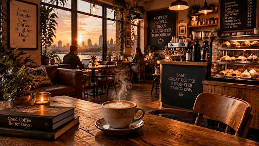 Cozy coffee shop interior at sunset with warm lighting, wooden furniture, steaming coffee cup, and photorealistic cinematic atmosphere