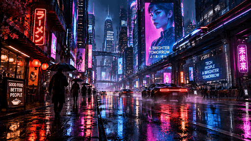 Futuristic cyberpunk city street at night with neon lights, wet pavement reflections, towering skyscrapers, rain, and cinematic sci-fi atmosphere