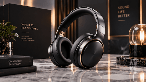 Premium wireless headphones on a marble surface with studio lighting, realistic materials, soft reflections, and high-end product photography style