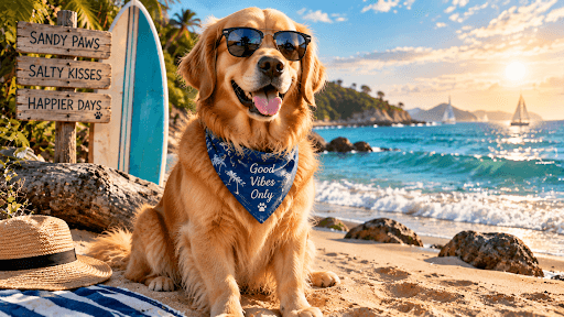 Golden retriever wearing sunglasses sitting on a sunny beach with detailed fur, blue ocean background, and playful coastal atmosphere