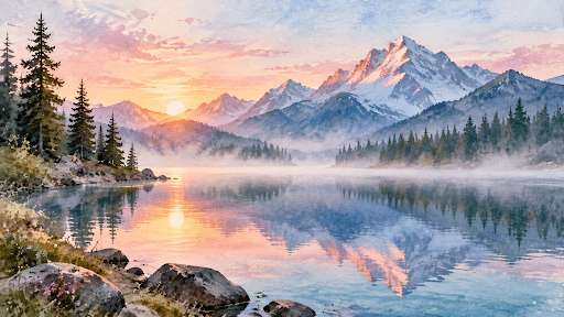 Watercolor painting of a peaceful mountain lake at dawn with mist over the water, pastel colors, distant mountains, and soft reflections