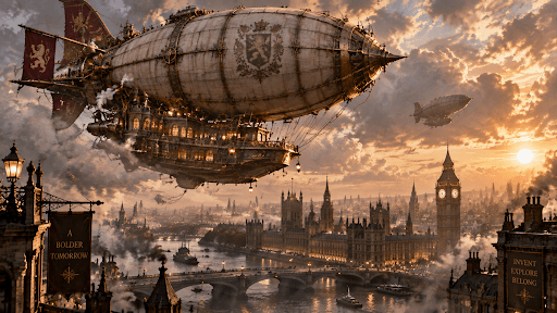 Steampunk airship flying over a Victorian city with detailed brass machinery, dramatic clouds, historic architecture, and cinematic fantasy atmosphere