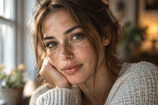 Close-up portrait of a woman with freckles, natural skin texture, soft window lighting, realistic eyes, and professional portrait photography style