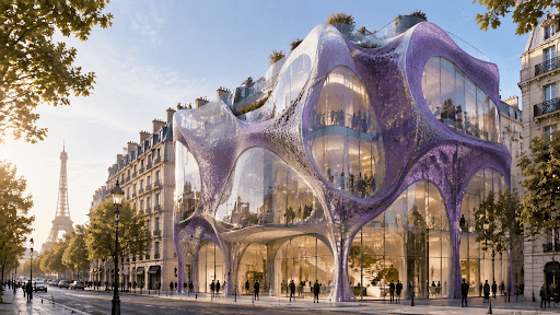 Gaudi-inspired architectural facade in Paris made with translucent purple material and glass, featuring a futuristic organic design in morning light