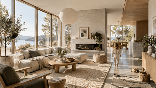 Scandinavian-inspired living room with light furniture, natural textures, green plants, large windows, and warm natural daylight interior design