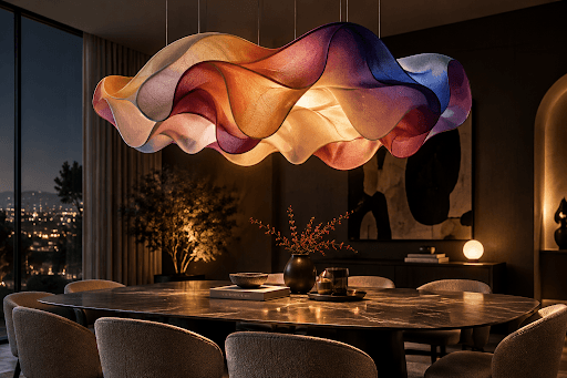 Modern colorful smart lighting design hanging over a dining table with soft glow, dramatic reflections, and high-end interior photography style